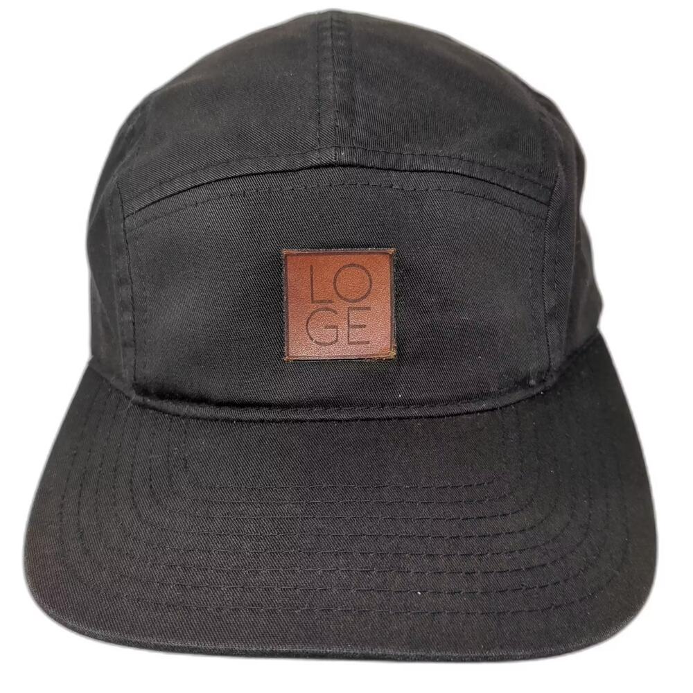Lodge 5 Panel Hat Black Brown OS Strapback Leather Patch Adjustable Cotton Blend